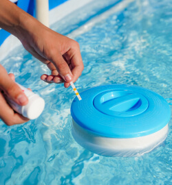 A person is putting something in the pool
