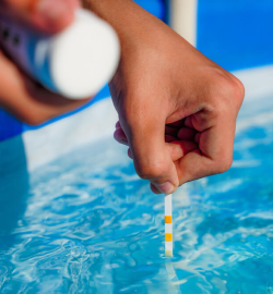 Testing pool water with a test strip.