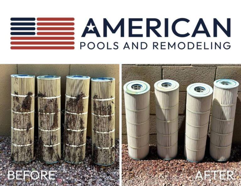 Pool filter cleaning in Arizona showing dirty and clean cartridge filters before and after service