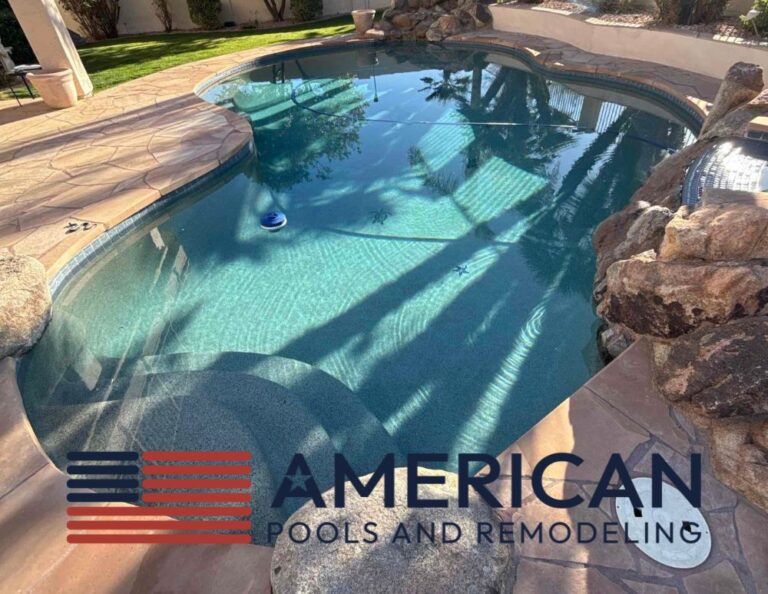 Clear pool water during January pool maintenance in Arizona with clean deck and balanced water