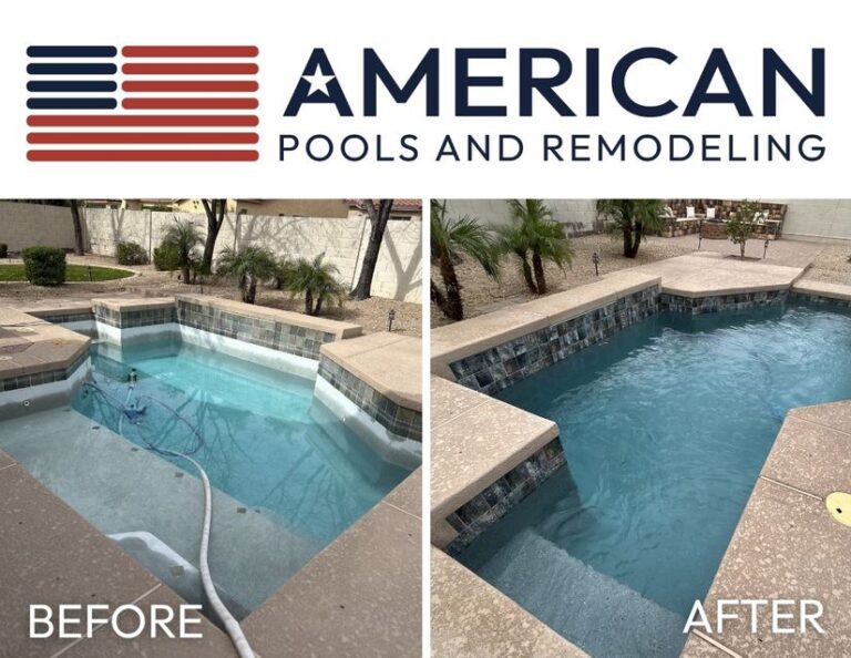 Before and after Arizona pool resurfacing project showing a worn plaster pool transformed with a new pebble finish in the East Valley.