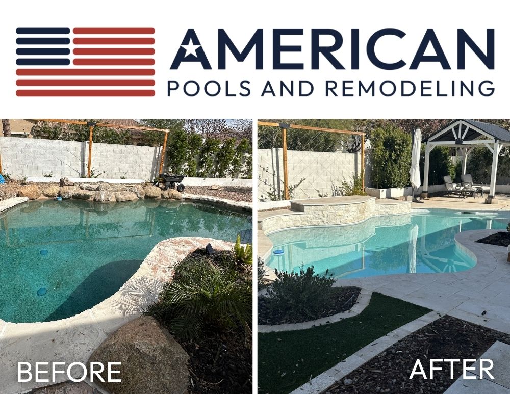 Completed Arizona pool remodel showing before and after transformation with new pool surface, waterline tile, and travertine decking in the East Valley.