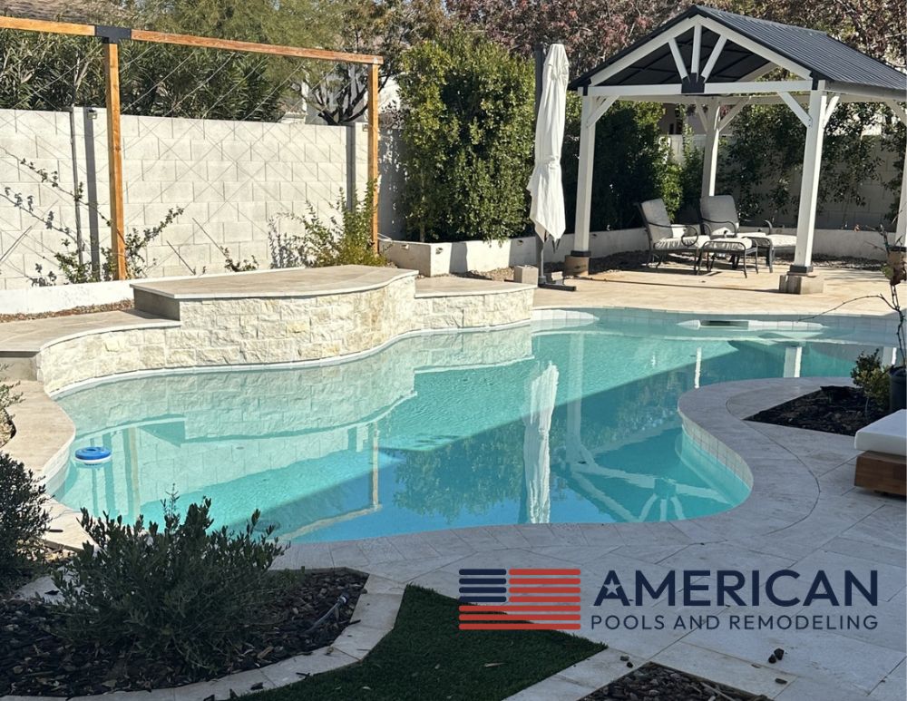 Completed pool remodel in Arizona with new surface, updated tile, and modern backyard design