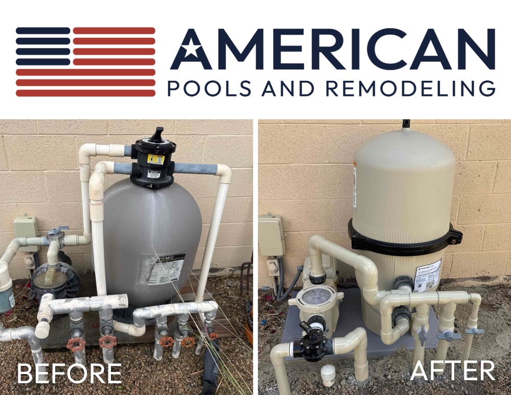 Before and after pool equipment replacement with variable speed pump and cartridge filter in East Valley Arizona