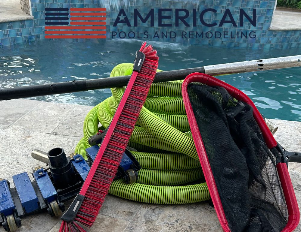 Pool service tools including brush, net, and vacuum hose used for weekly maintenance in Arizona