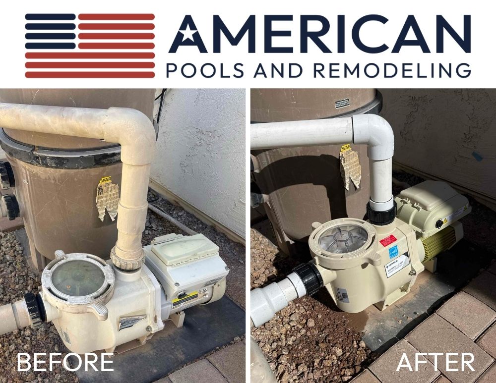 Pool pump replacement in East Valley Arizona showing old pump before and new pump installation after upgrade