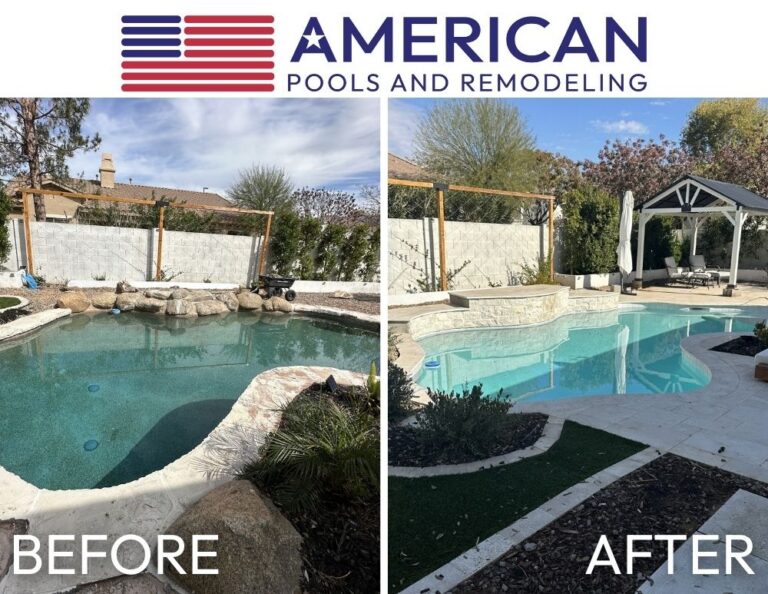 Pool remodel before and after in Arizona showing updated decking, resurfacing, and backyard transformation