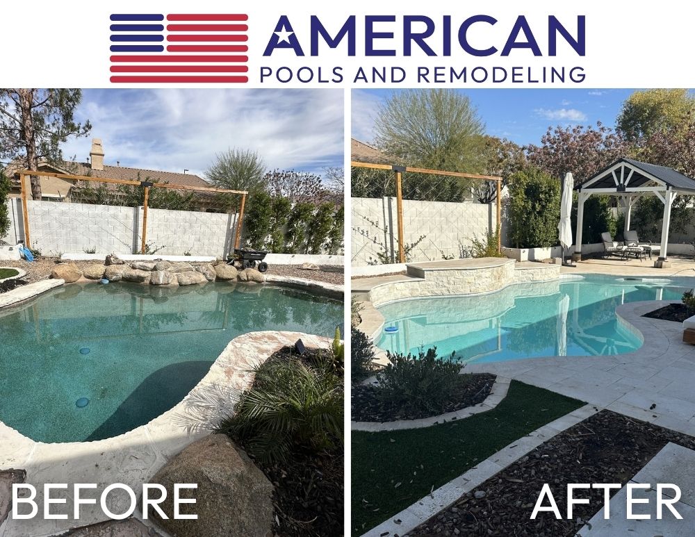 Pool remodel before and after in Arizona showing updated decking, resurfacing, and backyard transformation