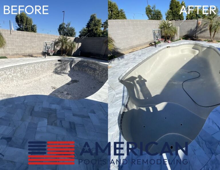 Before and after pool surface remodel showing full chip-out of the old interior and installation of a new pebble finish in Arizona