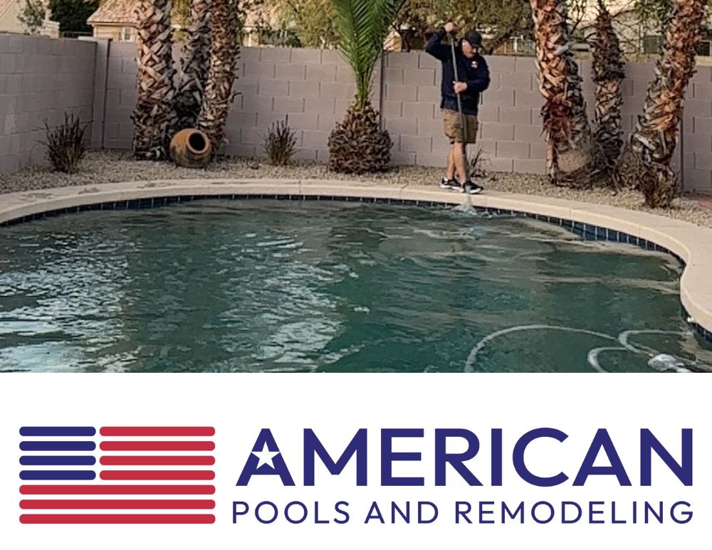 Weekly pool service technician brushing pool during maintenance in Arizona