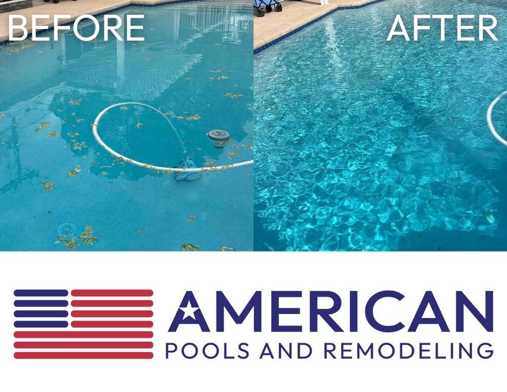 before and after weekly pool service Mesa AZ showing dirty pool cleaned to clear blue water