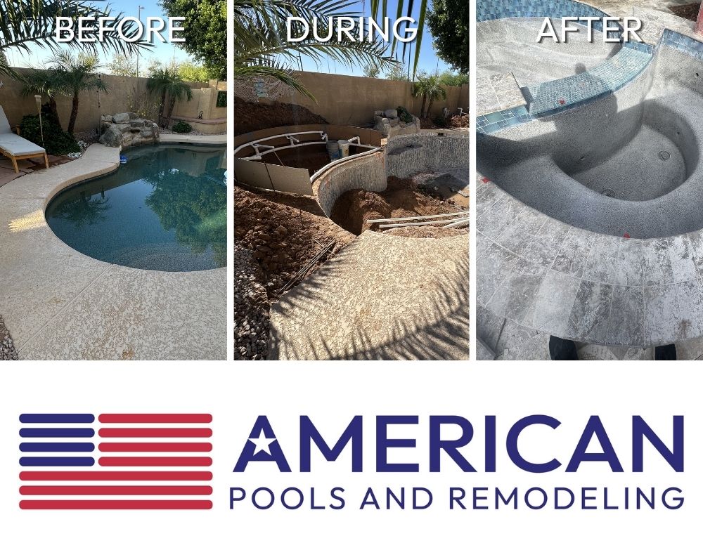 Before, during, and after spa addition during a pool remodel in Arizona