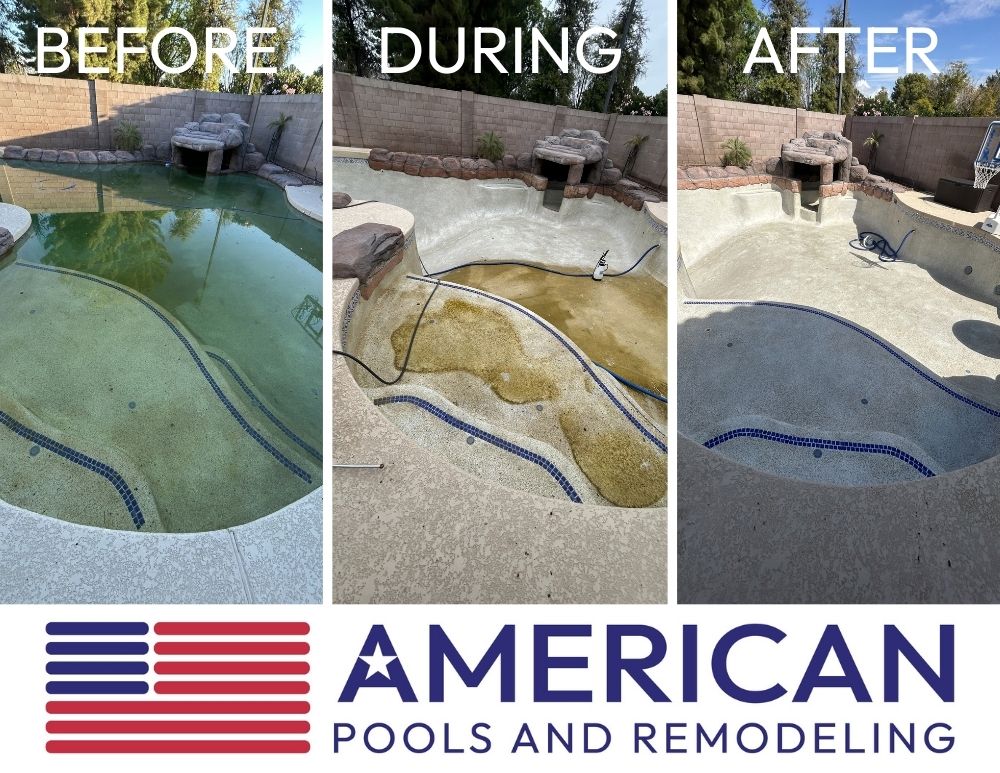 Before during and after chlorine rinse cleaning algae from drained Arizona pool surface