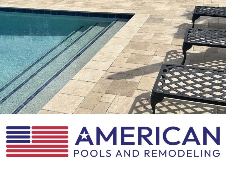 Pool deck remodel in Arizona with travertine pavers and modern pool design