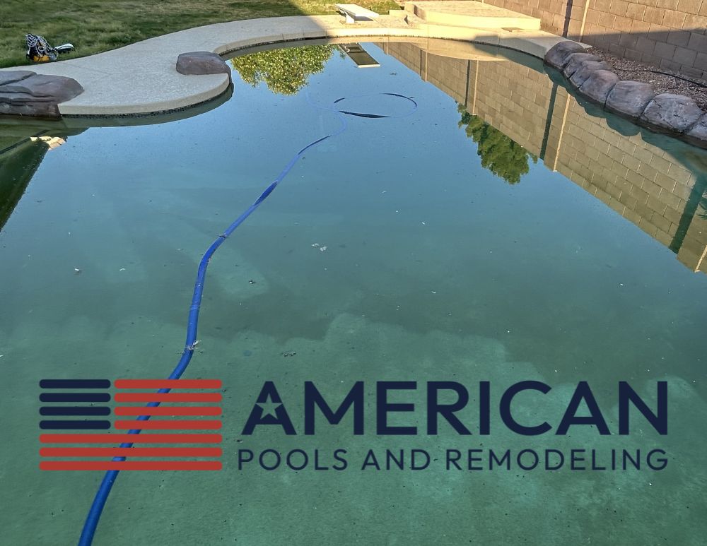 green pool water with developing algae in arizona swimming pool