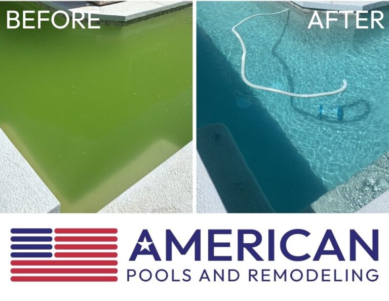 Before and after pool water cleaning in Arizona showing green algae water and clear blue pool
