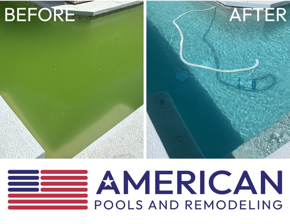 Before and after pool water cleaning in Arizona showing green algae water and clear blue pool