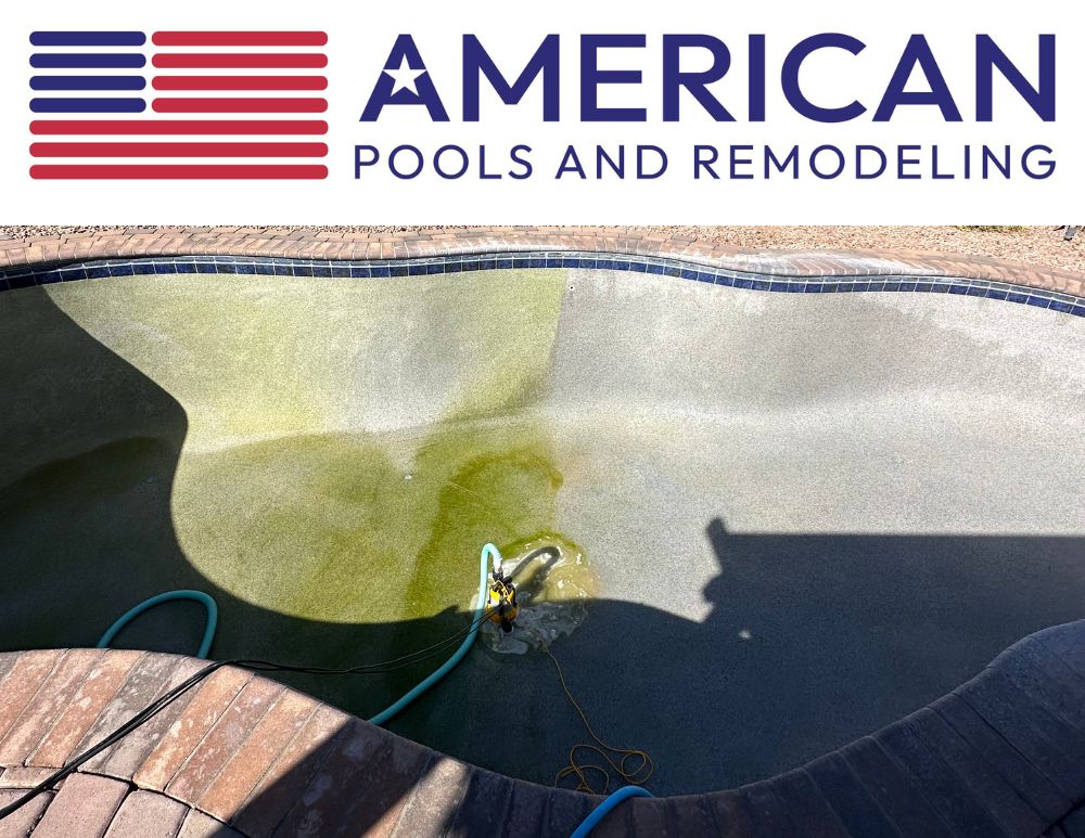 Chlorine rinse removing algae from pool surface during cleanup in Arizona