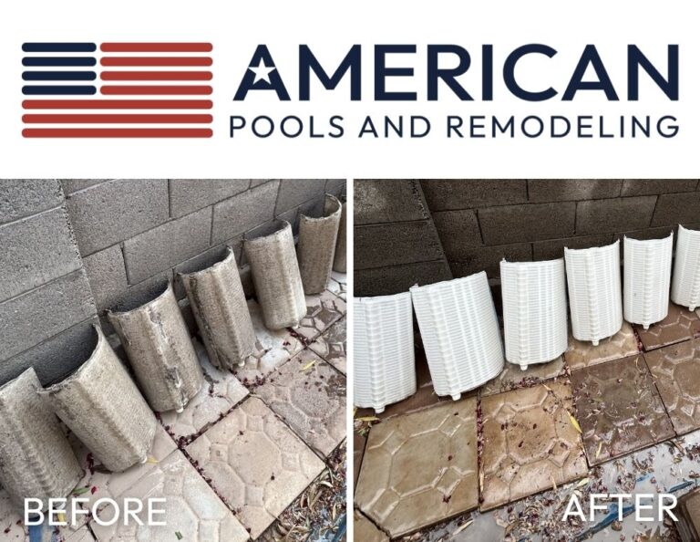 DE pool filter grids before and after cleaning showing heavy buildup removed in Arizona