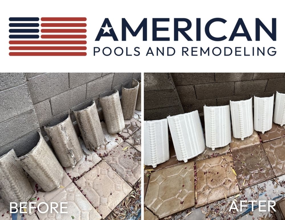 DE pool filter grids before and after cleaning showing heavy buildup removed in Arizona
