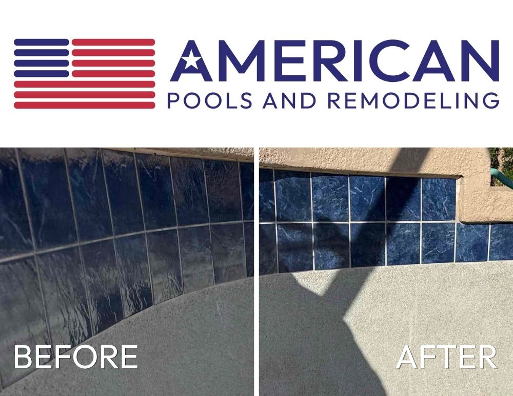 pool tile cleaning before and after showing calcium buildup removal in Arizona