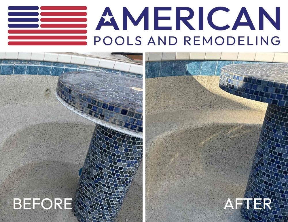 Pool tile cleaning before and after showing calcium removal on pool tile in Arizona