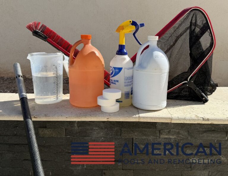 Pool service tools and chemicals used for maintaining proper water balance in Arizona pools