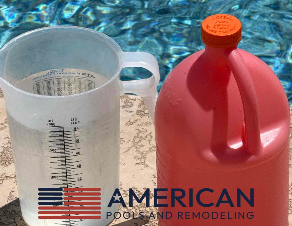 Measuring pool chemicals in Arizona heat with chlorine container and measuring cup