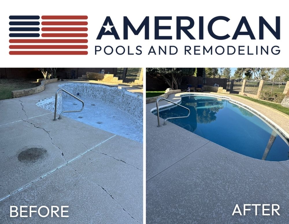 pool deck cracks Arizona before and after showing concrete repair and full remodeling upgrade