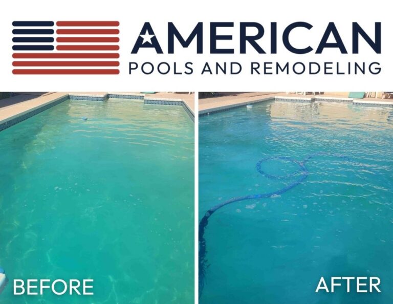 Before and after pool showing cloudy water in May heat restored to clear water in Arizona