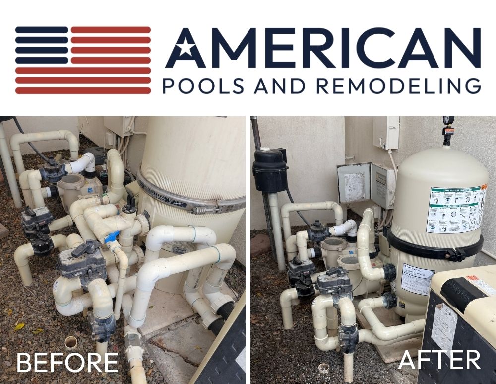 Simplified pool plumbing in Arizona with DE filter replaced by cartridge filter showing cleaner layout and improved system flow