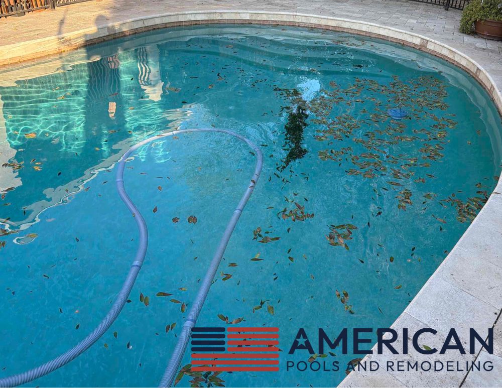 Pool with leaves and organic debris floating on the surface in Arizona, showing how debris affects water chemistry and chlorine demand.