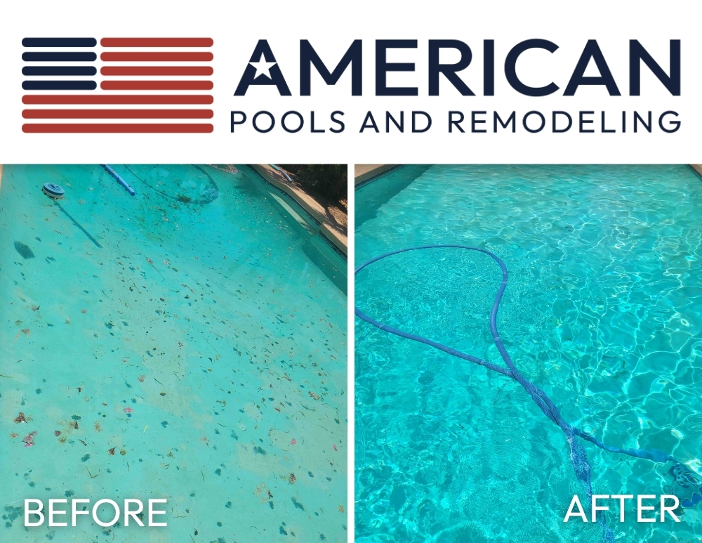Before and after pool cleaning following an Arizona monsoon storm showing debris removal and restored clear pool water.