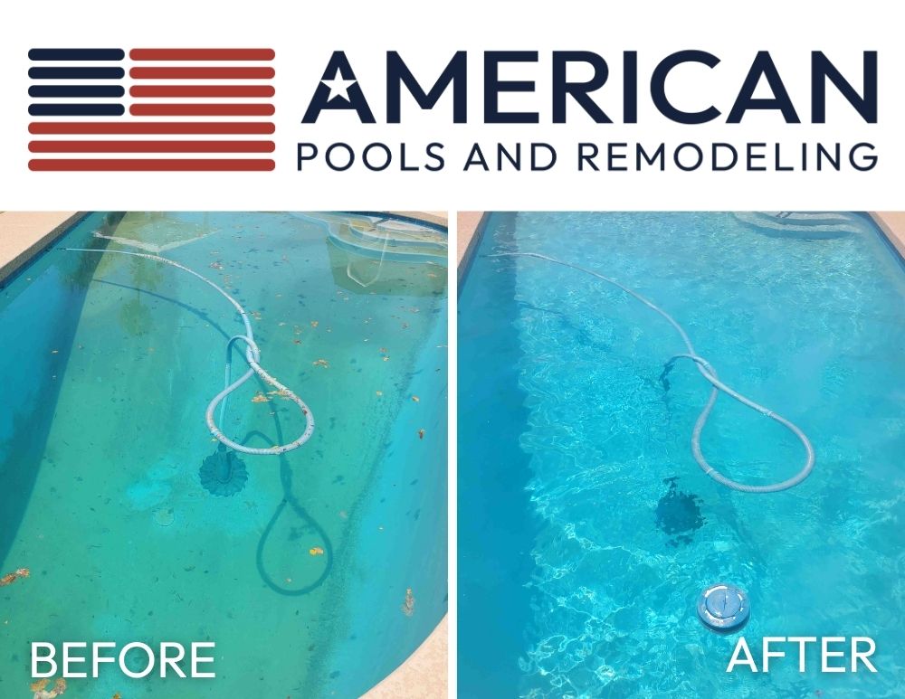 Before and after weekly pool service in Arizona following a monsoon storm showing debris-filled pool restored to clean, clear water.