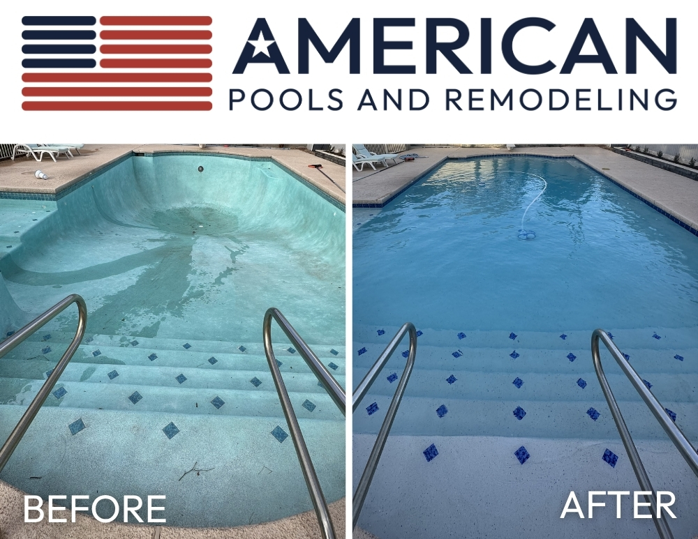 Before and after pool resurfacing showing a remodeled Arizona swimming pool with a new pool surface and updated waterline tile.