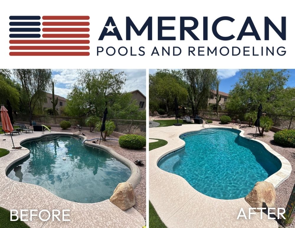 Before and after of an Arizona pool remodel featuring a rolled bond beam capped with travertine coping, new waterline tile, and matching travertine pavers.