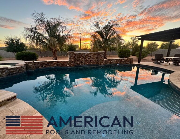 Arizona backyard swimming pool with clear water at sunset