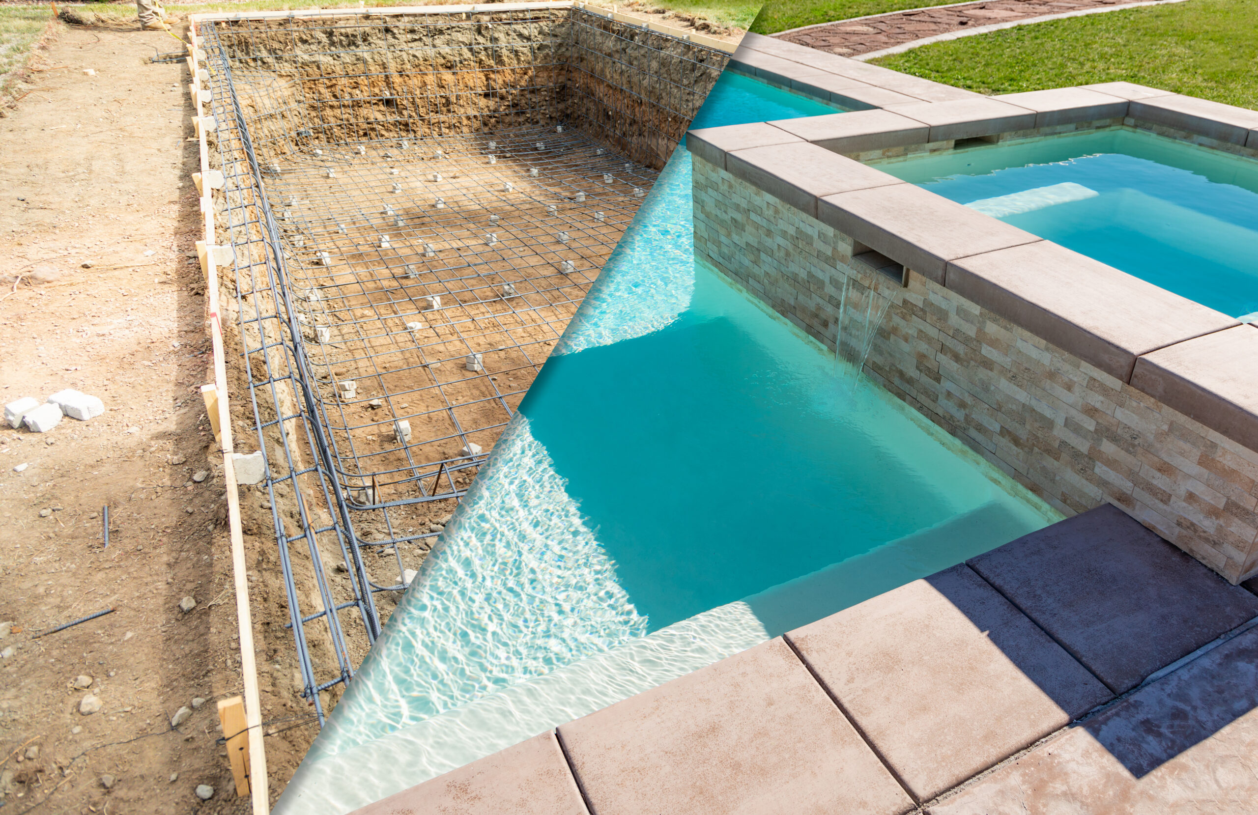 New swimming pool construction shown from structural steel to completed pool