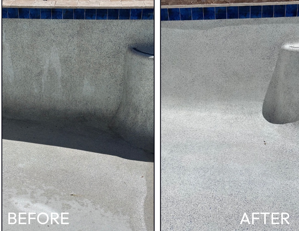 Before and after acid wash of a residential pool interior