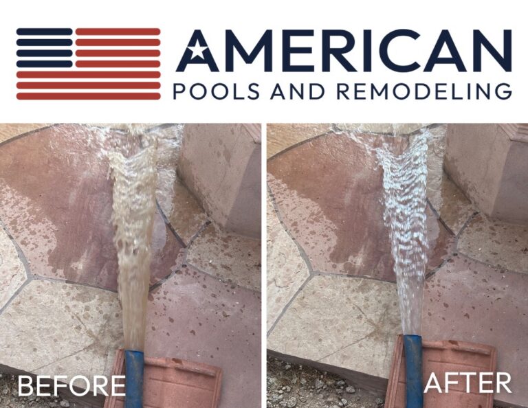 Before and after pool filter backwashing showing dirty discharge water clearing during the backwash process in Arizona.