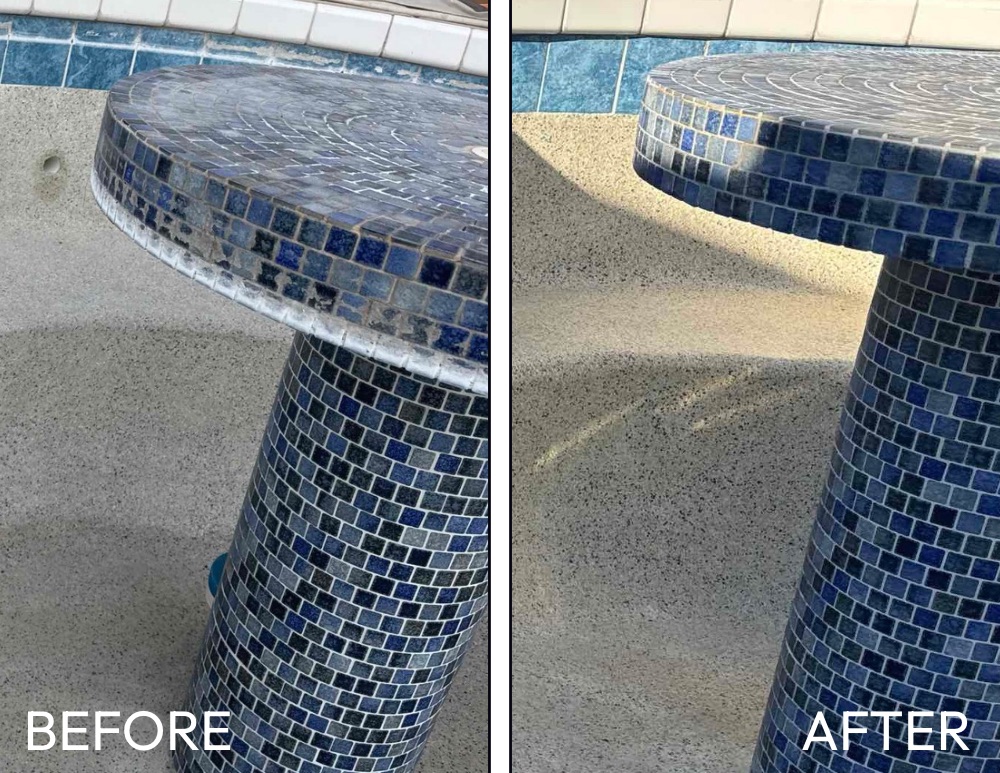 Before and after calcium removal from residential pool tile