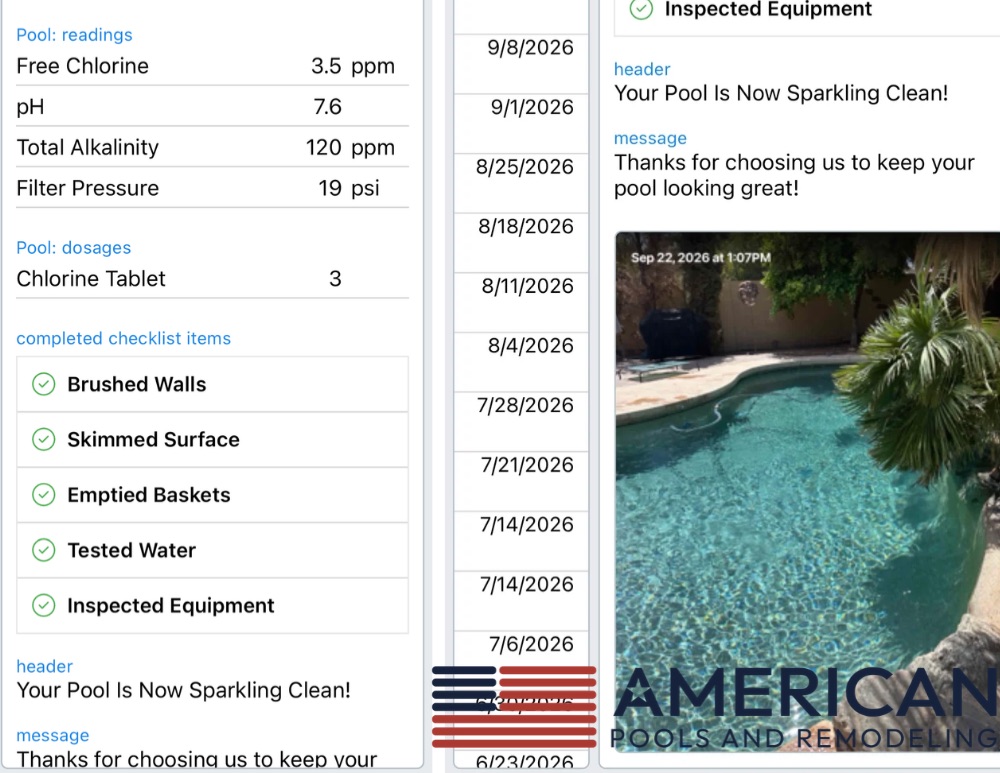 Weekly pool service report showing water readings, completed service and pool photo