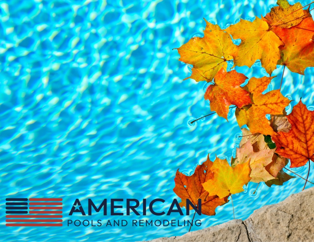 Colorful fallen leaves floating in swimming pool water, illustrating fall pool care and landscaping debris in Arizona.