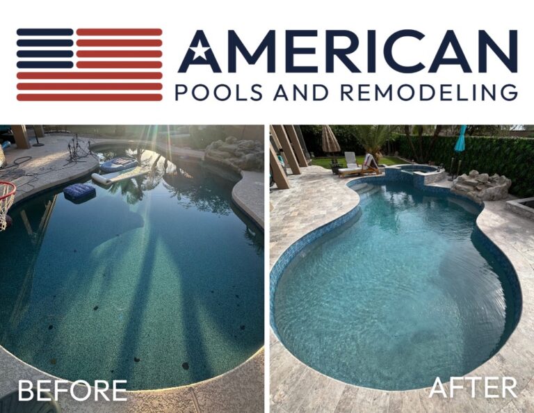 Before and after Arizona pool remodel with added spa, new decking, and updated pool finish