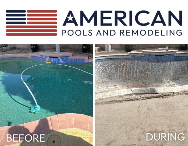 Before and during Arizona pool remodel showing new waterline tile installation