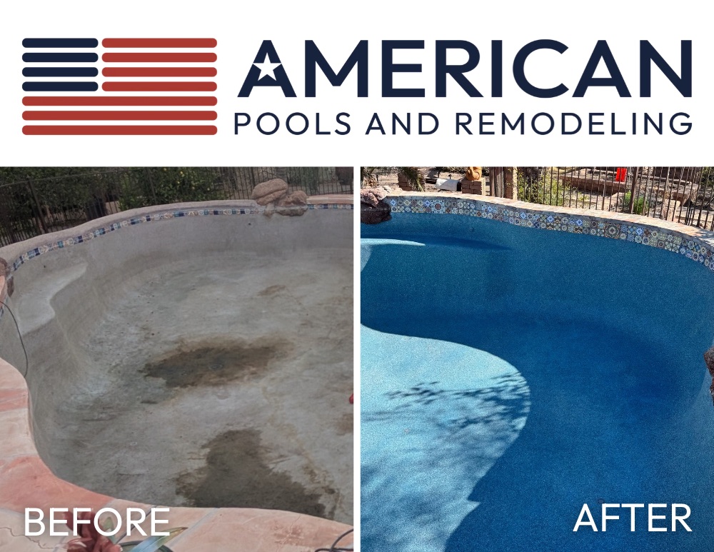 Before and after pool remodel with new blue interior finish and decorative waterline tile