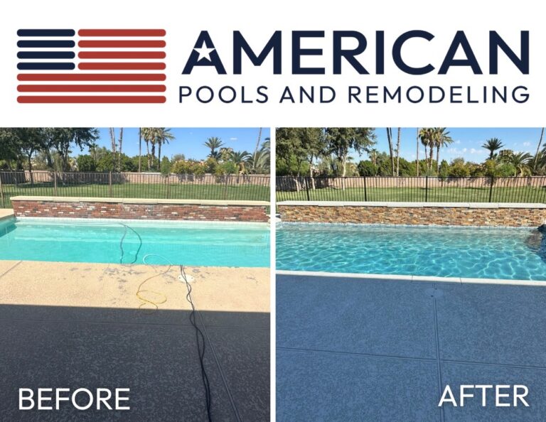 Before and after Arizona pool remodel with updated stacked stone water feature