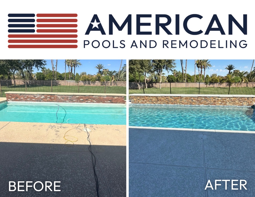 Before and after Arizona pool remodel with updated stacked stone water feature