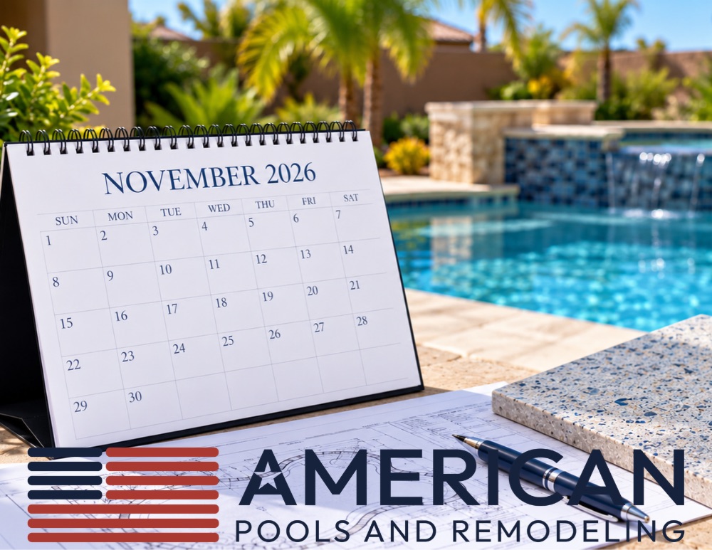 Pool remodeling plans, November calendar, and finish sample beside an Arizona swimming pool